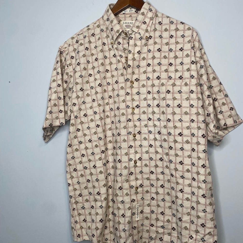 Savane Men's Cream Geometric Patterned Linen Blended Shirt Size Med